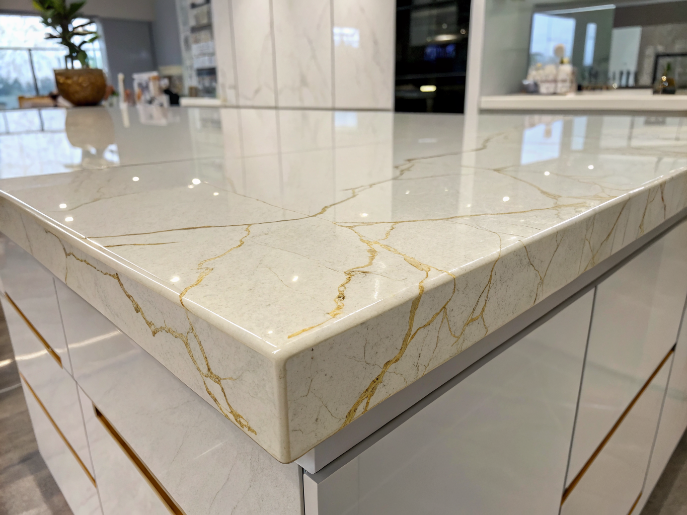 Calacatta Gold quartz countertop with polished mitered edge
