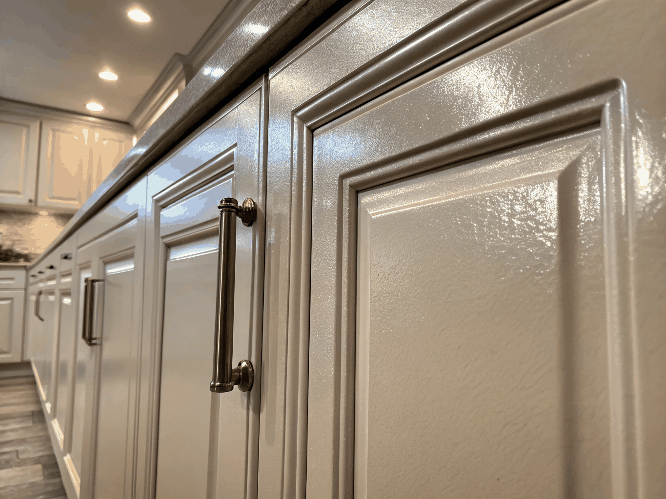 Smooth white baked enamel cabinet finish texture