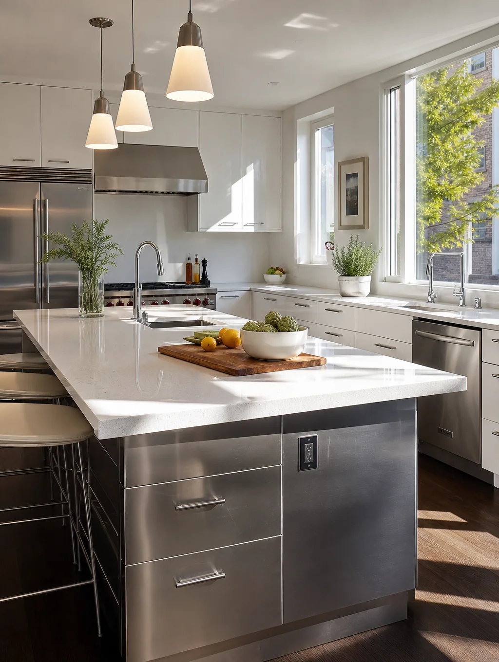 Bright modern kitchen island featuring Calacatta gold veined quartz countertop installation